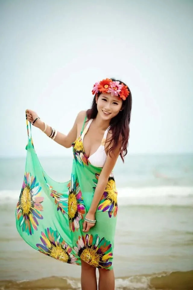 Copricostumi stampati Abito da spiaggia sexy Donna Halter Sling Chiffon Asciugamano da spiaggia Bikini Wrap Pareo Gonne Costumi da bagno aperti sul retro platinumshop