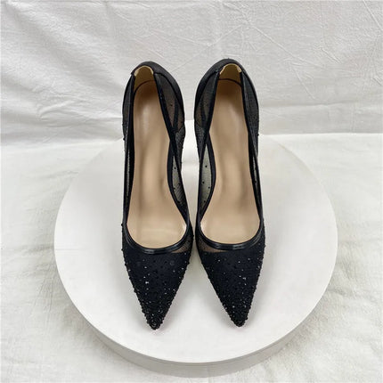 Scarpe con strass in rete traspirante Donna 8CM 10CM 12CM Décolleté a spillo Moda Punta a punta Serata estiva Tacchi alti Nero