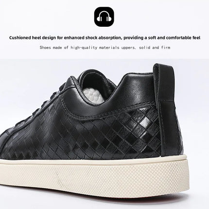Men Low Top Leather Casual Shoes Lace-up Fashion Sneakers Black Embossed Plaid Upper Non Slip Flat Daily Wear Board Footwear