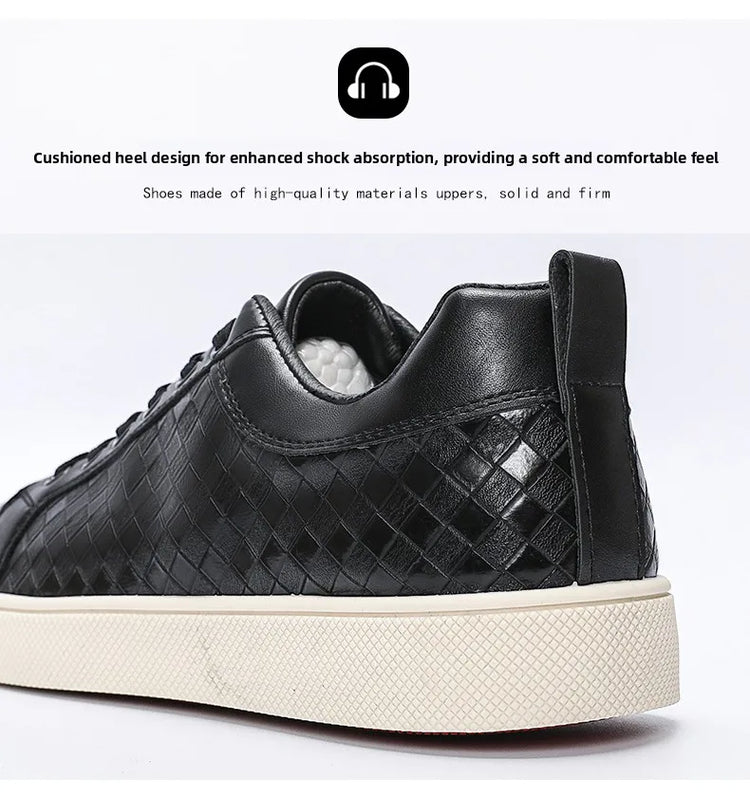 Men Low Top Leather Casual Shoes Lace-up Fashion Sneakers Black Embossed Plaid Upper Non Slip Flat Daily Wear Board Footwear