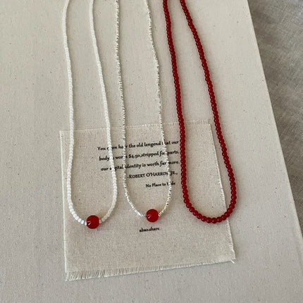 Minar French Silver Water Wave Chain Red Agate Beads Heart Beaded Pendant Necklaces for Women Gold Silver Plated Sweater Chain PlatiNum