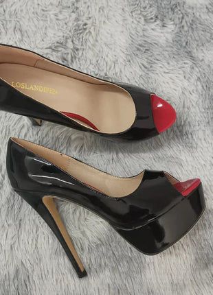 LOSLANDIFEN Women Pumps Sexy Peep Toe Platform 14cm Super High Heels Patent Leather Shoes Red Wedding Stilettos Large Size 44 PlatiNum
