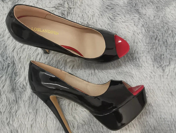 LOSLANDIFEN Women Pumps Sexy Peep Toe Platform 14cm Super High Heels Patent Leather Shoes Red Wedding Stilettos Large Size 44 PlatiNum