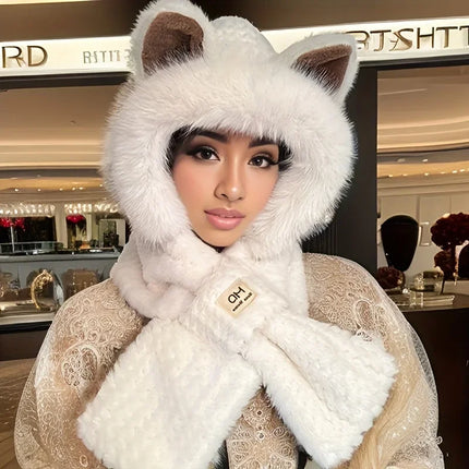 1Pc Women Cat Ear Pom‑Pom Beanie Hat, Soft Fleece‑Lined Winter Cute Animal‑Themed Festival Cap for Christmas Gifts