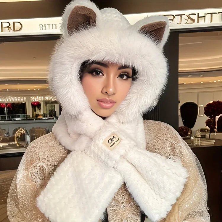 1Pc Women Cat Ear Pom‑Pom Beanie Hat, Soft Fleece‑Lined Winter Cute Animal‑Themed Festival Cap for Christmas Gifts