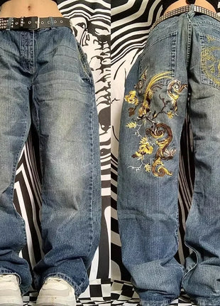 Jeans larghi ricamati modello Joker di tendenza della moda americana Donna Street Y2K Nuovi pantaloni a gamba larga oversize Hip Hop Jeans unisex