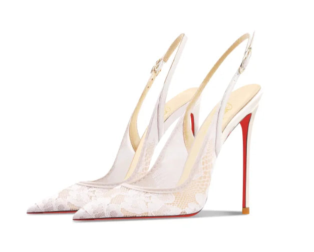 New white lace high-heeled sandals with pointed toes, thin heels, and shallow mouth, comfortable to wear with just one foot