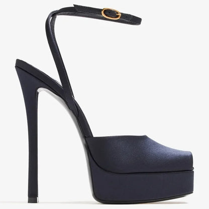 Platform Peep Toe Satin Slingback Pumps Sexy Square Toe Thin Heel Ankle Strap New Arrivals Fashion Women Modern Shoes