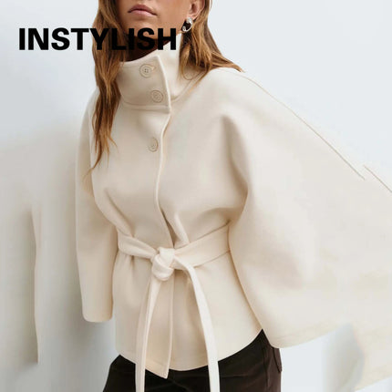 Women Lace Up High Neck Jackets for Women with Belt Elegant Windbreaker Faux Wool Blends Cape Korean Solid Windbreaker Cloak