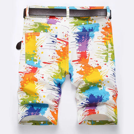 Pantaloncini da uomo dipinti a colori fantasia Pantaloni estivi in denim elasticizzato Y2K Jeans bianchi con stampa digitale