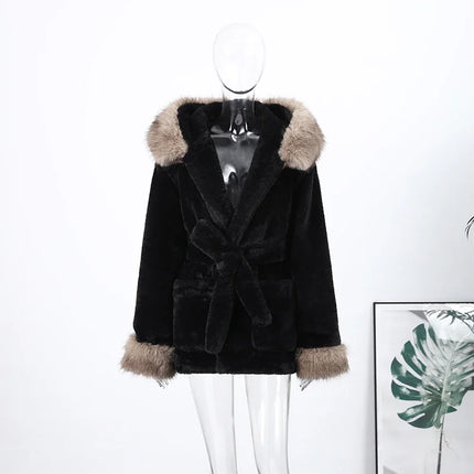 Casual Patchwork Faux Fur Collar Women's Coat Lace Up Pockets Thicken Lady Coats 2026 Autumn Winter Female Street Outerwear