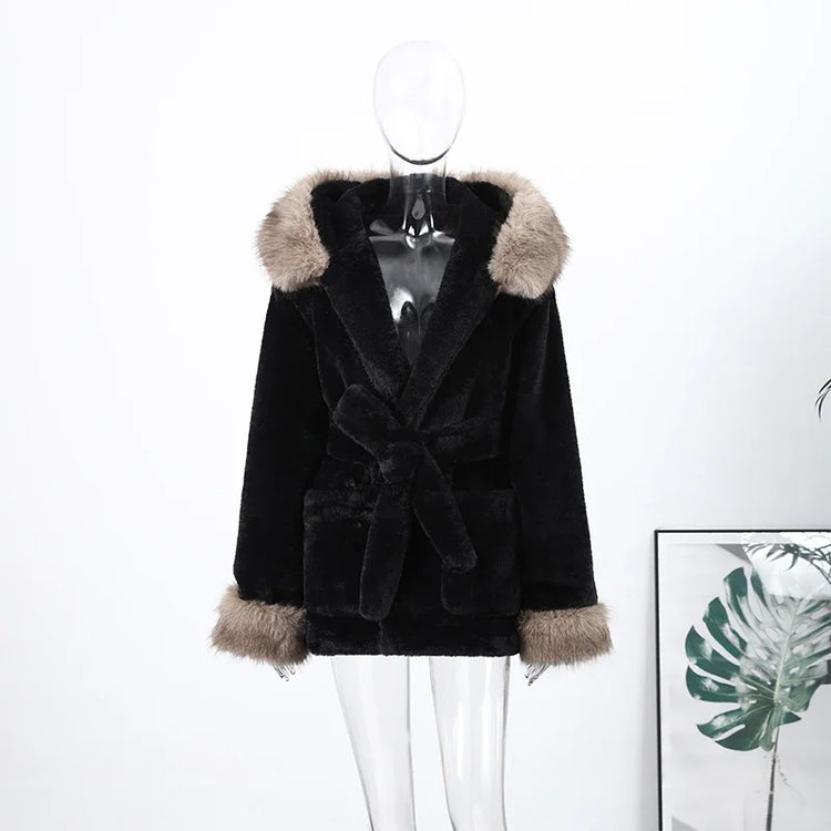 Casual Patchwork Faux Fur Collar Women's Coat Lace Up Pockets Thicken Lady Coats 2026 Autumn Winter Female Street Outerwear