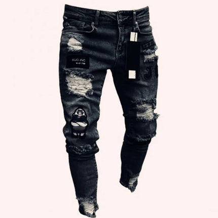 New embroidered fine grain jeans for men, cotton elastic hole slim fit hip-hop denim pants, casual jeans for men, jogging pants PlatiNum