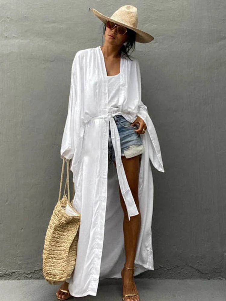 Solid Beach Cover Up Women Self Belted Wrap Kimono Dress Costume da bagno 2025 New Robe Summer Beachwear Fornitura in fabbrica platinumshop