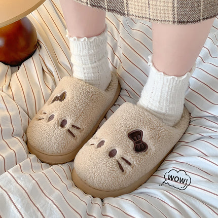 Cute Cat Winter Warm Slippers Women Men Fluffy Plush Home Shoes Red Bowknot Plaid Lining Indoor Bedroom Cotton Slides Mules New