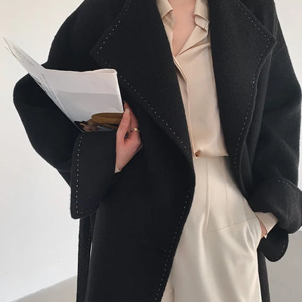 New Solid Korean Style Women Wool Coat Arch Needle Large Neck Versatile Fashion Texture Double Sided Trench Coats Female Winter