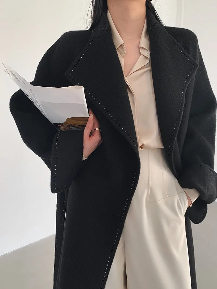 New Solid Korean Style Women Wool Coat Arch Needle Large Neck Versatile Fashion Texture Double Sided Trench Coats Female Winter