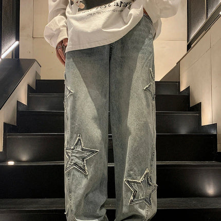 New Fashion Stella a cinque punte Jeans Uomo a vita alta Vintage Streetwear Pantaloni da uomo Baggy Inverno Jeans a gamba larga Denim Abbigliamento uomo