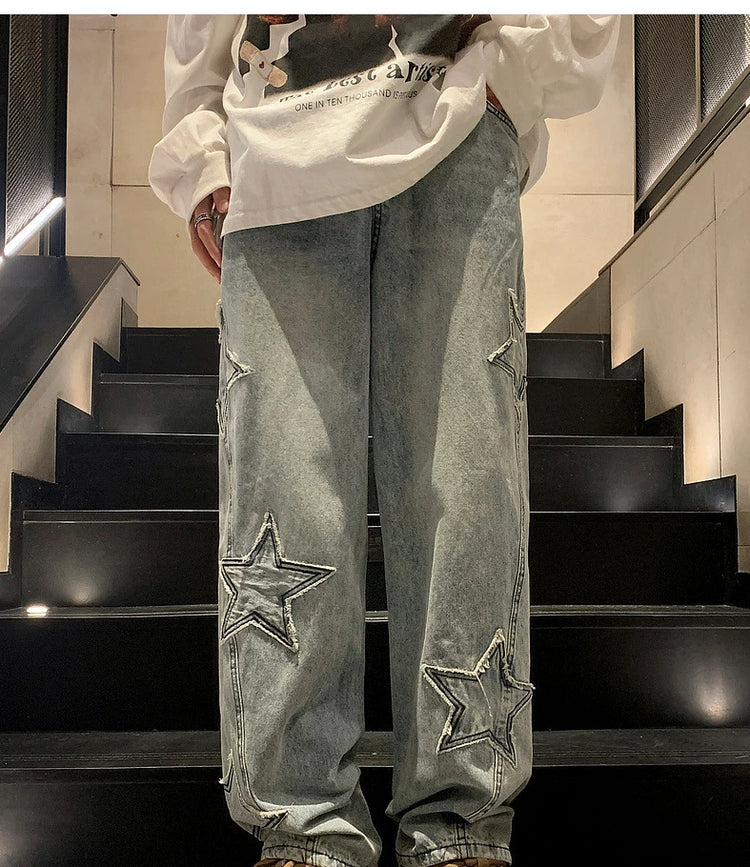New Fashion Stella a cinque punte Jeans Uomo a vita alta Vintage Streetwear Pantaloni da uomo Baggy Inverno Jeans a gamba larga Denim Abbigliamento uomo