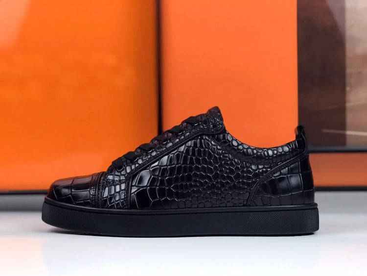 Luxury Men's Rivets Low Top Black Crocodile Pattern Leather Red Bottom Sneakers Casual Boat Shoes White Sole Fashion Footwear