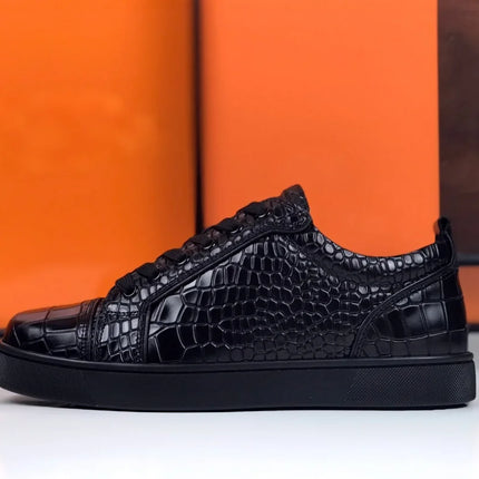 Luxury Men's Rivets Low Top Black Crocodile Pattern Leather Red Bottom Sneakers Casual Boat Shoes White Sole Fashion Footwear