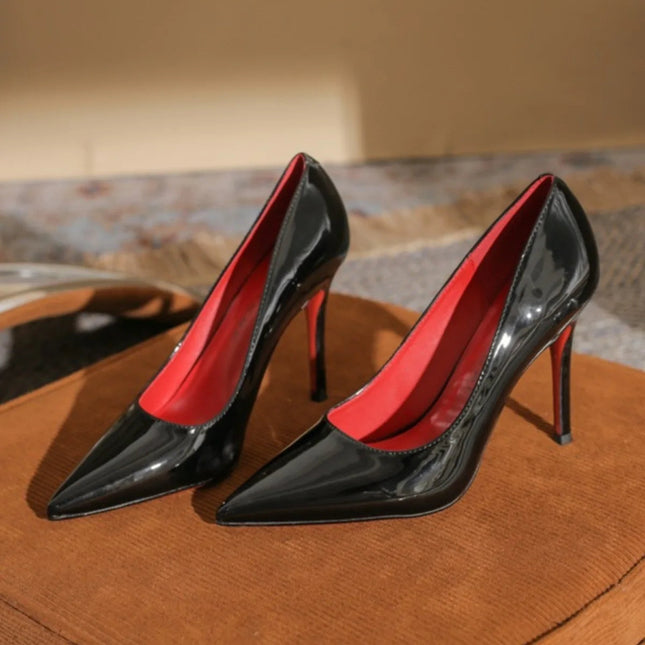 7cm Black Red Sole High Heels Spring Pointed Toe Stiletto Heel Sexy Shiny Single Shoes Fashion Patent Leather Women's Shoes PlatiNum