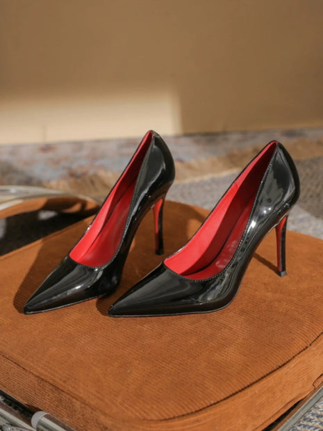 7cm Black Red Sole High Heels Spring Pointed Toe Stiletto Heel Sexy Shiny Single Shoes Fashion Patent Leather Women's Shoes PlatiNum