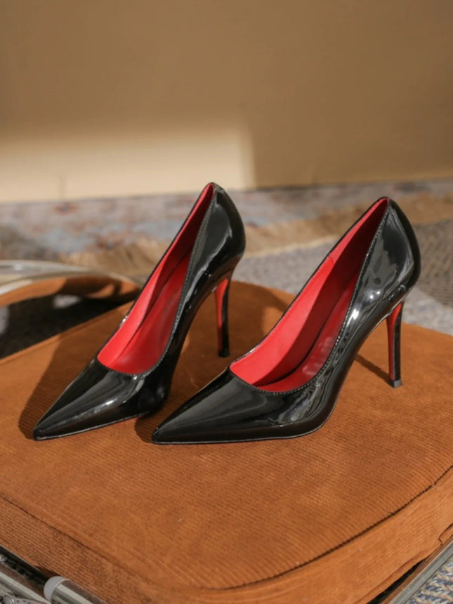 7cm Black Red Sole High Heels Spring Pointed Toe Stiletto Heel Sexy Shiny Single Shoes Fashion Patent Leather Women's Shoes PlatiNum
