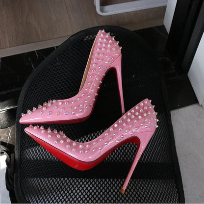2025 new rivet high heels for women, 12CM pointed shallow mouth single shoes, socialite banquet shoes