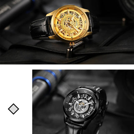 SKROX Original Gold Skeleton Automatic Movement Men's Watch Mechanical Waterproof Male Wrist Watches Leather Strap Luxury Clock