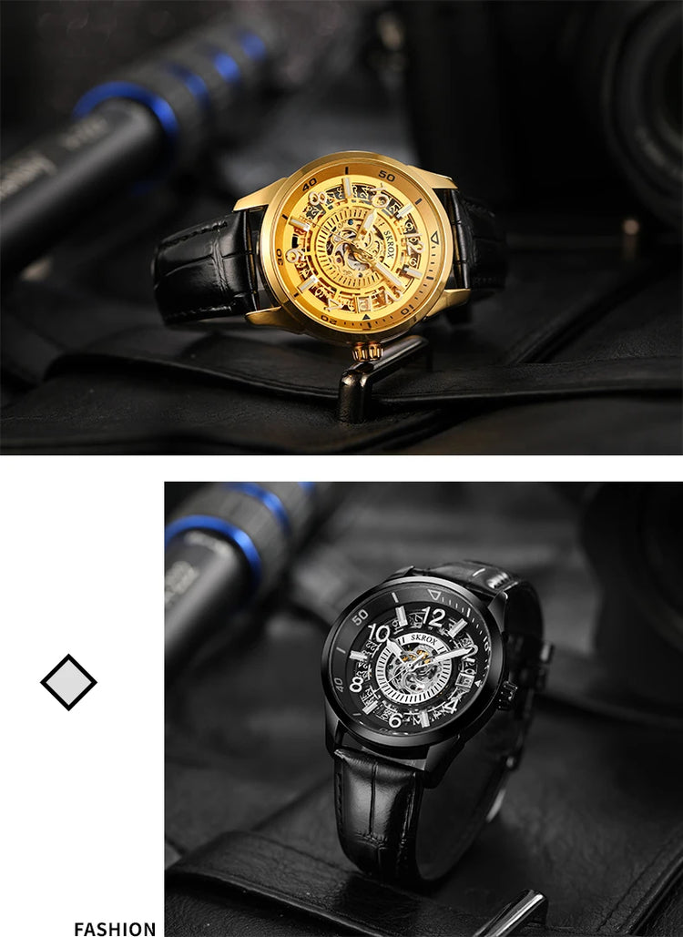 SKROX Original Gold Skeleton Automatic Movement Men's Watch Mechanical Waterproof Male Wrist Watches Leather Strap Luxury Clock