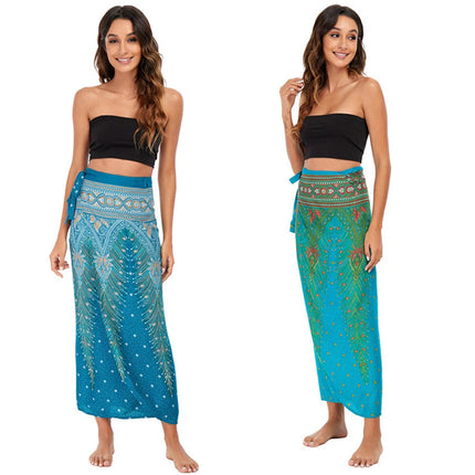 Abito da donna Boho Maxi Wrap Gonna lunga con allacciatura Abito da spiaggia Copricostume Abito vintage bohémien regolabile a vita alta in rayon platinumshop