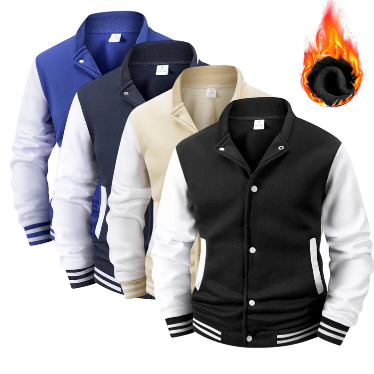 Men's Fleece-Lined Varsity Jacket Autumn Winter Warm Color Block Baseball Jacket Button Front & Striped Cuffs Retro Casual Coat