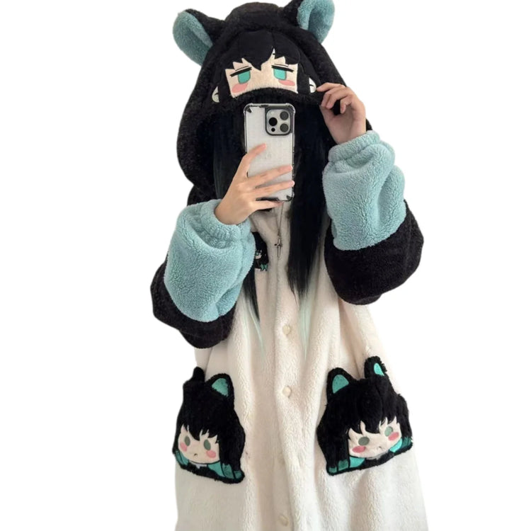 Demon Slayer Kanroji Mitsuri Tokito Muichiro Women Autumn Winter Loungewear Coral Fleece Robe  Love Hashira Cosplay Home Pajamas