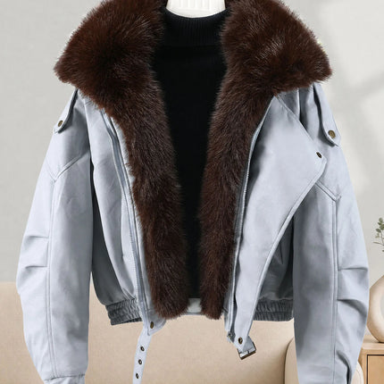 New Parkas Women Leather Jacket Big Fur Collar Tooling Cotton Jacket 2026 Winter Thicke Warm Cotton Padded Coat Female Outerwear