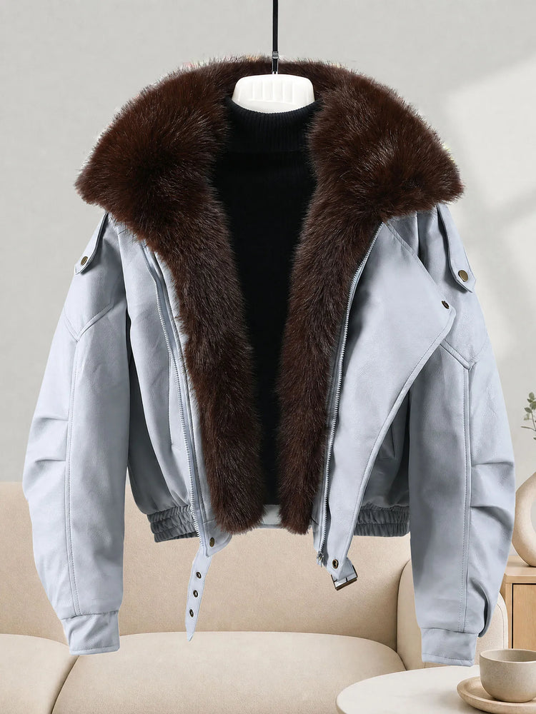 New Parkas Women Leather Jacket Big Fur Collar Tooling Cotton Jacket 2026 Winter Thicke Warm Cotton Padded Coat Female Outerwear