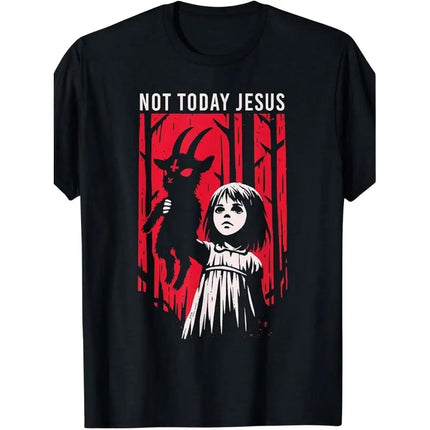 Men's Gothic Style 'Not Today Jesus' Graphic T-Shirt - Retro Horror Art Red And Black Character Design PlatiNum