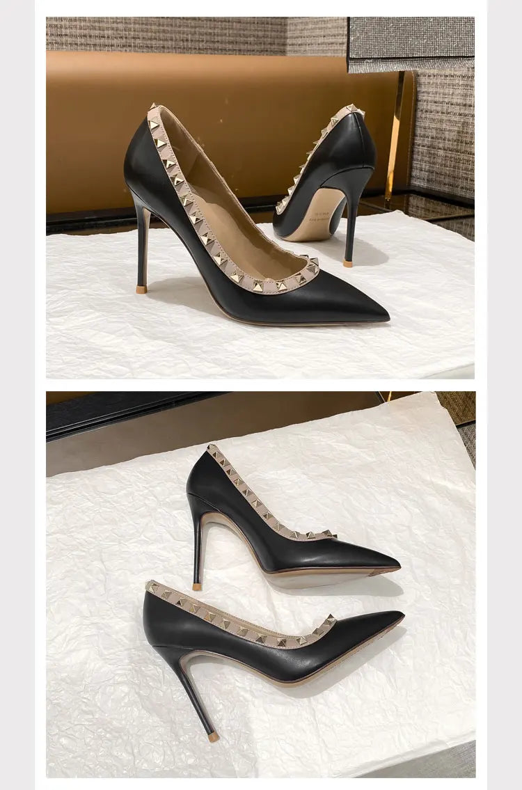 Women's High Heels Black Genuine Leather Rivet Pointed toe pumps luxury designer high quality Shoes Elegant woman heeled shoes