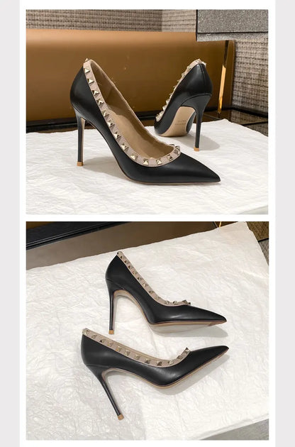 Women's High Heels Black Genuine Leather Rivet Pointed toe pumps luxury designer high quality Shoes Elegant woman heeled shoes