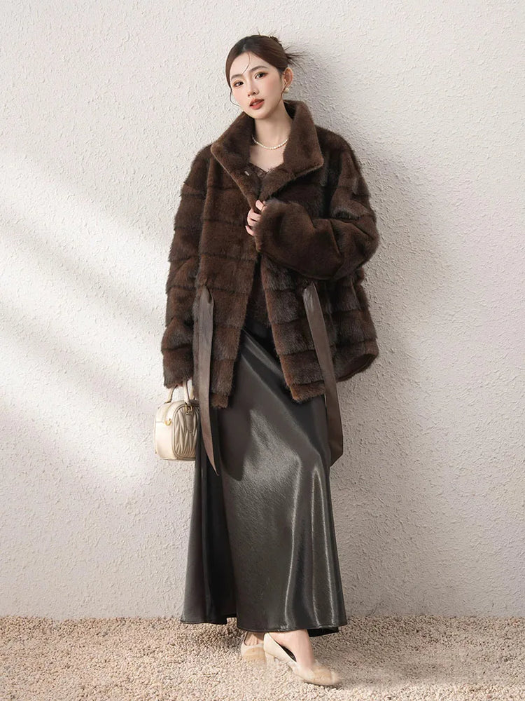 ZADORIN Luxury Designer Clothing Woman Mink Coat 2026 Chic Stand Collar Belted Brown Faux Fur Coat Woman Fluffy Fur Jacket Coats