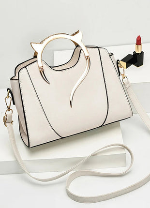 Cat Shaped Handle Women Handbag Trendy And Fashionable, Solid Color, Simple And Casual Crossbody Shoulder Shell Bag PlatiNum