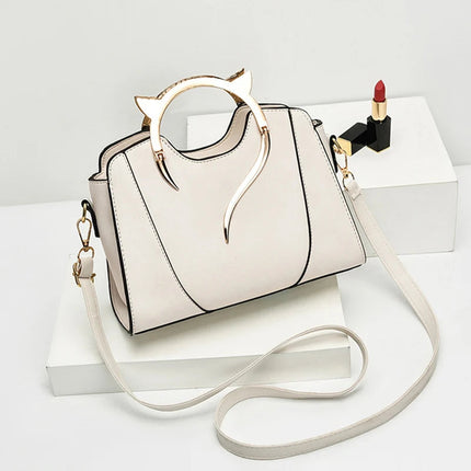 Cat Shaped Handle Women Handbag Trendy And Fashionable, Solid Color, Simple And Casual Crossbody Shoulder Shell Bag PlatiNum