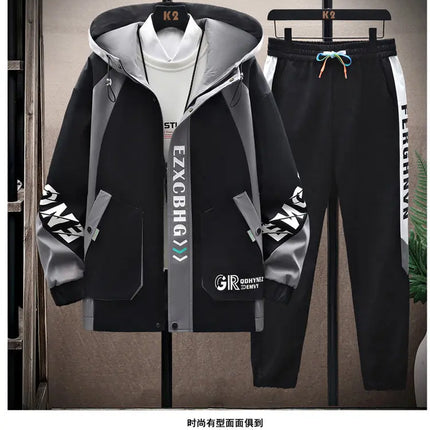 Spring Autumn Casual Men Sets Jacket + Pants Two Pieces Fashion Korean Trend Hooded Baseball Uniform Suit Man Outfit