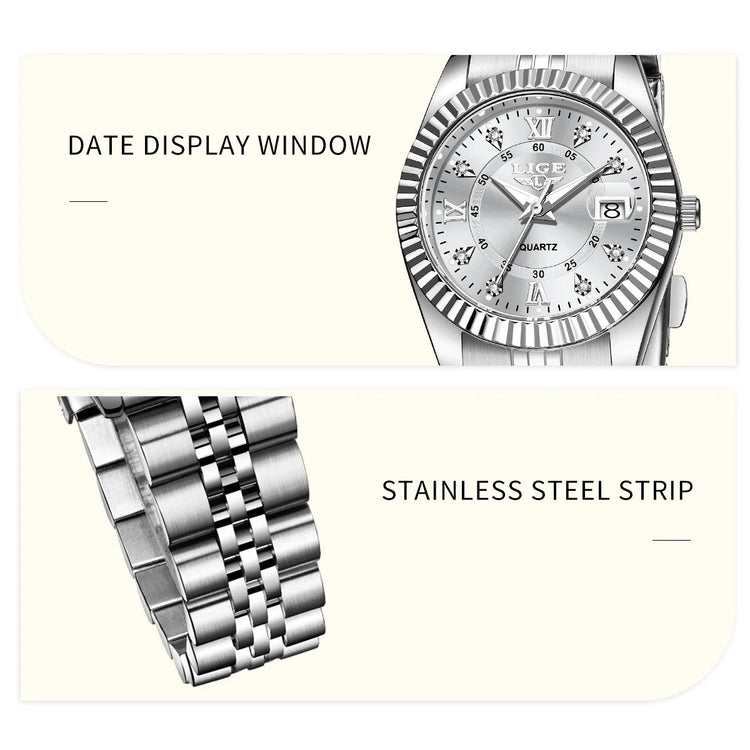 Orologio da Polso LIGE di Lusso con Strass per Donna, Cinturino in Acciaio Inossidabile, Movimento al Quarzo, Regalo, Reloj Mujer platinumshop