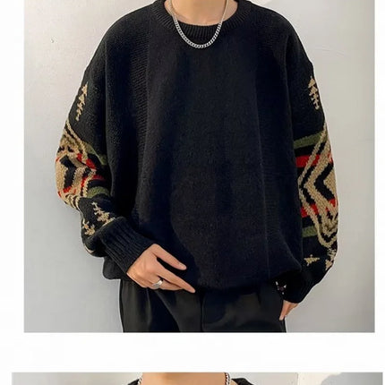 Autumn Men's Ethnic Style O-Neck Knitted Sweaters Y2K Vintage Streetwear Knitwear 2025 New Casual Pattern Printed pull homme