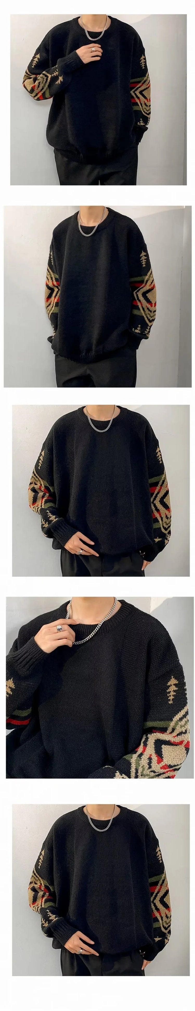 Autumn Men's Ethnic Style O-Neck Knitted Sweaters Y2K Vintage Streetwear Knitwear 2025 New Casual Pattern Printed pull homme