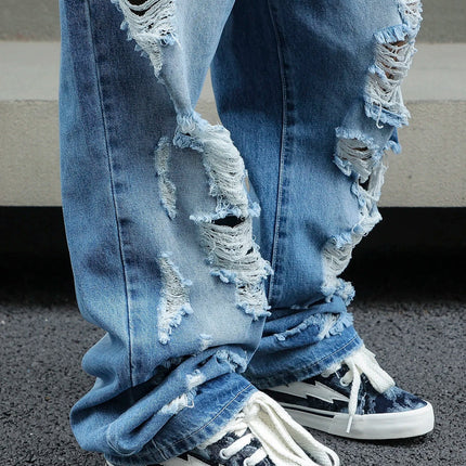Men's Ripped Baggy Jeans Loose Fit Distressed Denim Pants Light Wash Y2K Streetwear Wide Leg Style PlatiNum