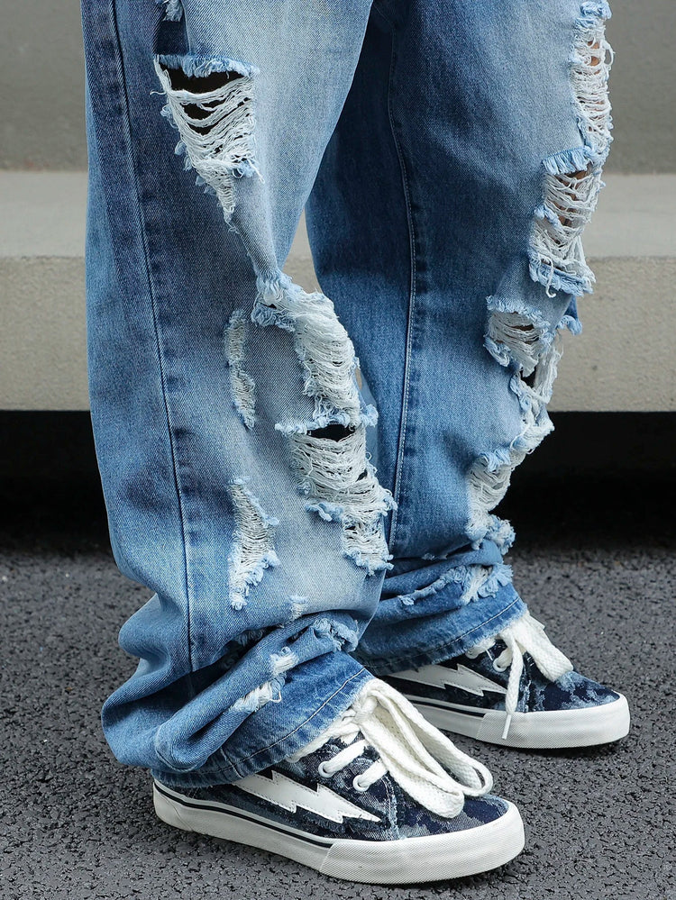 Men's Ripped Baggy Jeans Loose Fit Distressed Denim Pants Light Wash Y2K Streetwear Wide Leg Style PlatiNum