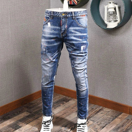 Fashion Streetwear Men Jeans Retro Black Blue Elastic Slim Fit Ripped Jeans Men Spliced Designer Embroidery Hip Hop Denim Pants PlatiNum
