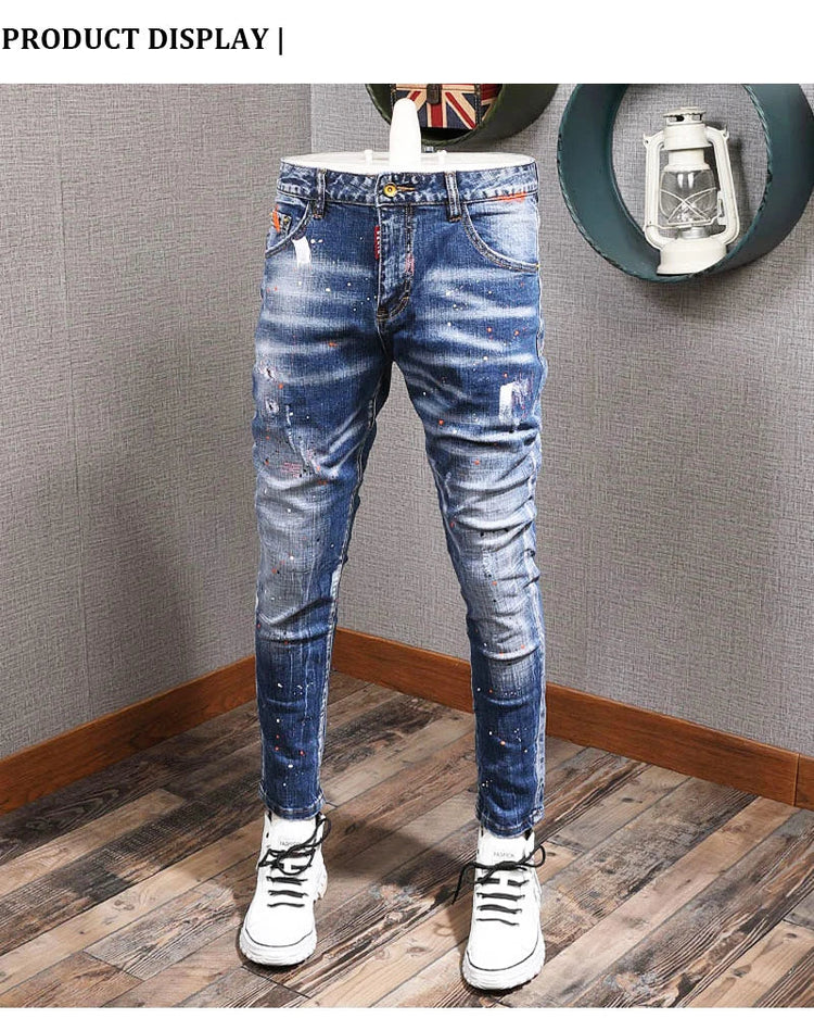 Fashion Streetwear Men Jeans Retro Black Blue Elastic Slim Fit Ripped Jeans Men Spliced Designer Embroidery Hip Hop Denim Pants PlatiNum
